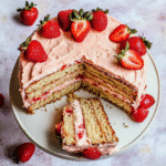Overhead view of a two-layer homemade strawberry cake with strawberry cream cheese frosting and a slice removed.