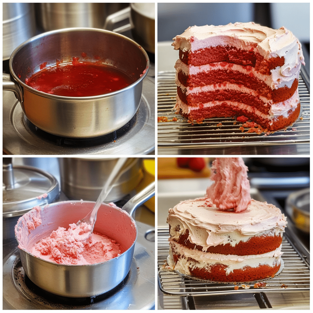 Four-panel collage showing strawberry puree reducing, pink cake batter, cake layers cooling, and frosting spread between layers.