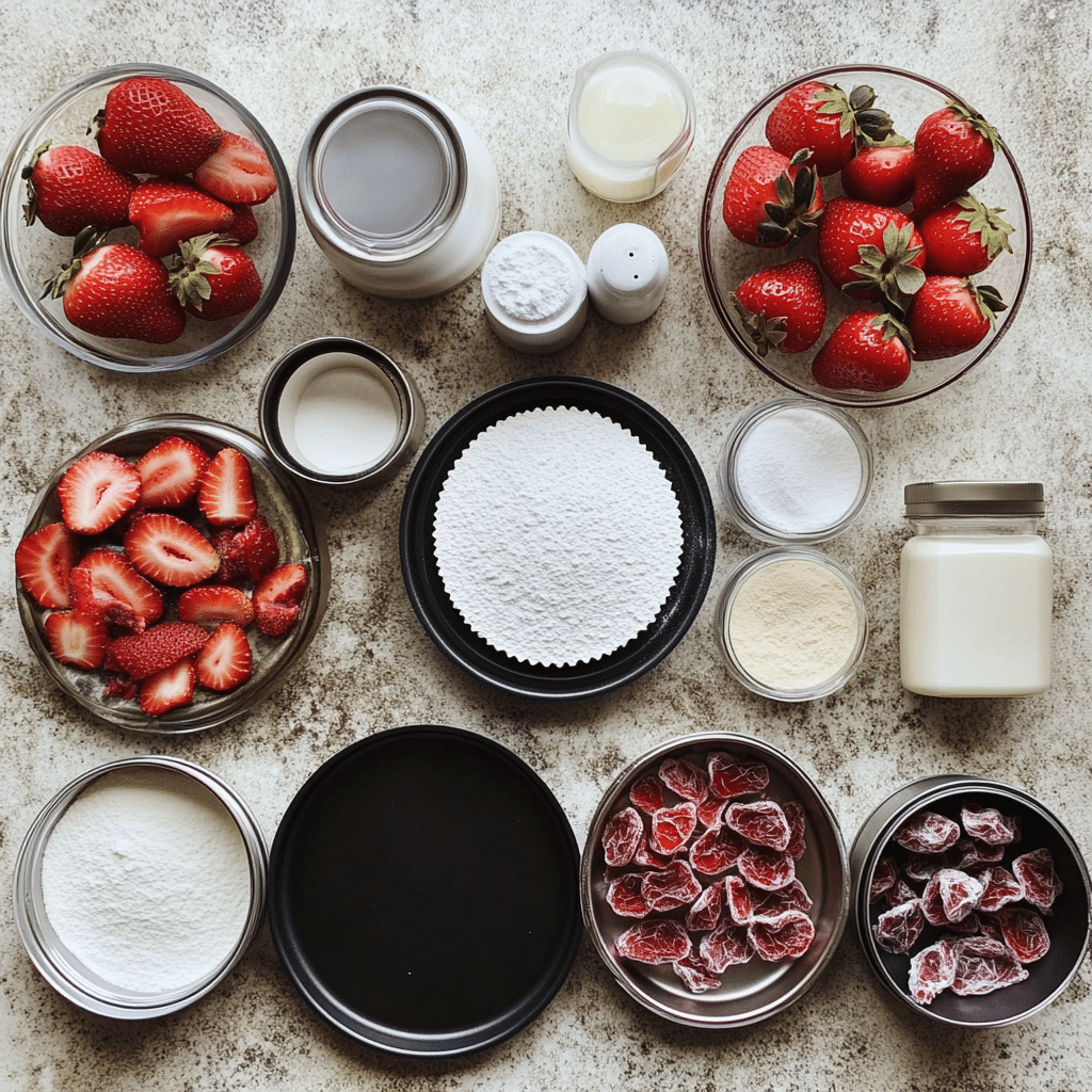 Ingredients for strawberry cake and strawberry frosting arranged on a kitchen counter