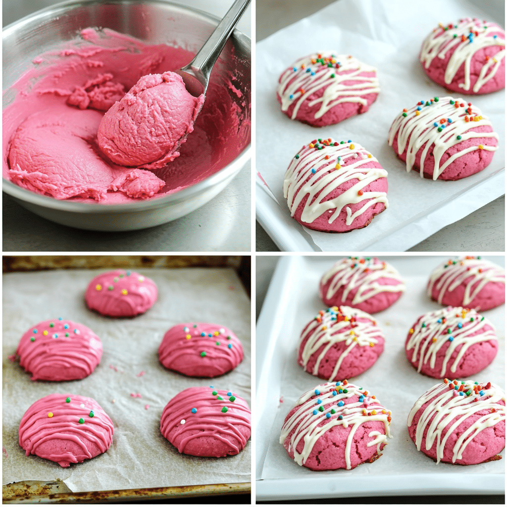 Four-panel collage showing mixing dough, scooping onto a sheet, baked pink cookies cooling, and cookies decorated with drizzle and sprinkles