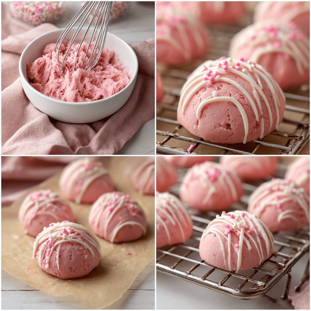 Four-panel collage showing mixing eggs and oil, adding cake mix, scooping dough, and baked cookies cooling with sprinkles
