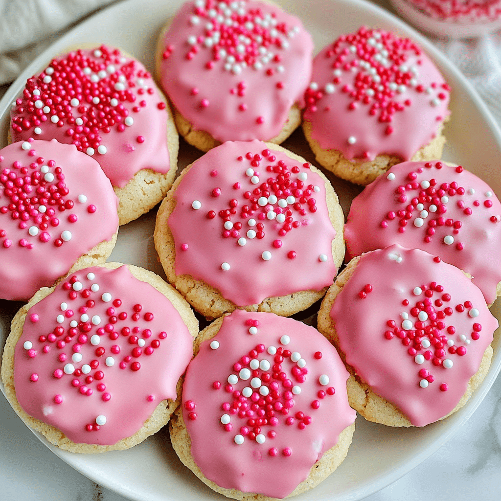 Strawberry cake mix cookies, pink and crinkly, with optional white chocolate dip and sprinkles