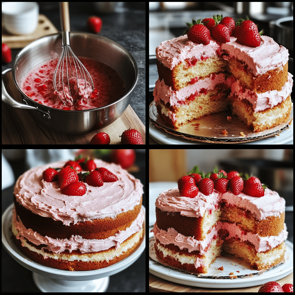 Four-panel collage showing strawberry reduction, mixing cake batter, frosting cake layers, and finished strawberry cake