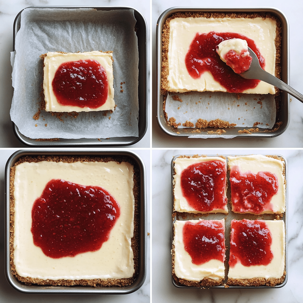 Four-panel collage showing crust pressed in pan, cheesecake batter mixed, strawberry swirl added, and bars sliced after chilling