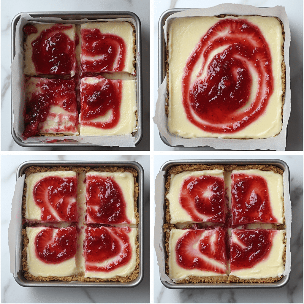 Four-panel collage showing crust, mixing cheesecake, swirling jam, and sliced bars