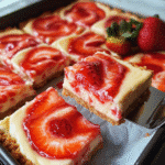 Strawberry cheesecake bars in a pan with graham cracker crust, creamy filling, and strawberry swirl on top