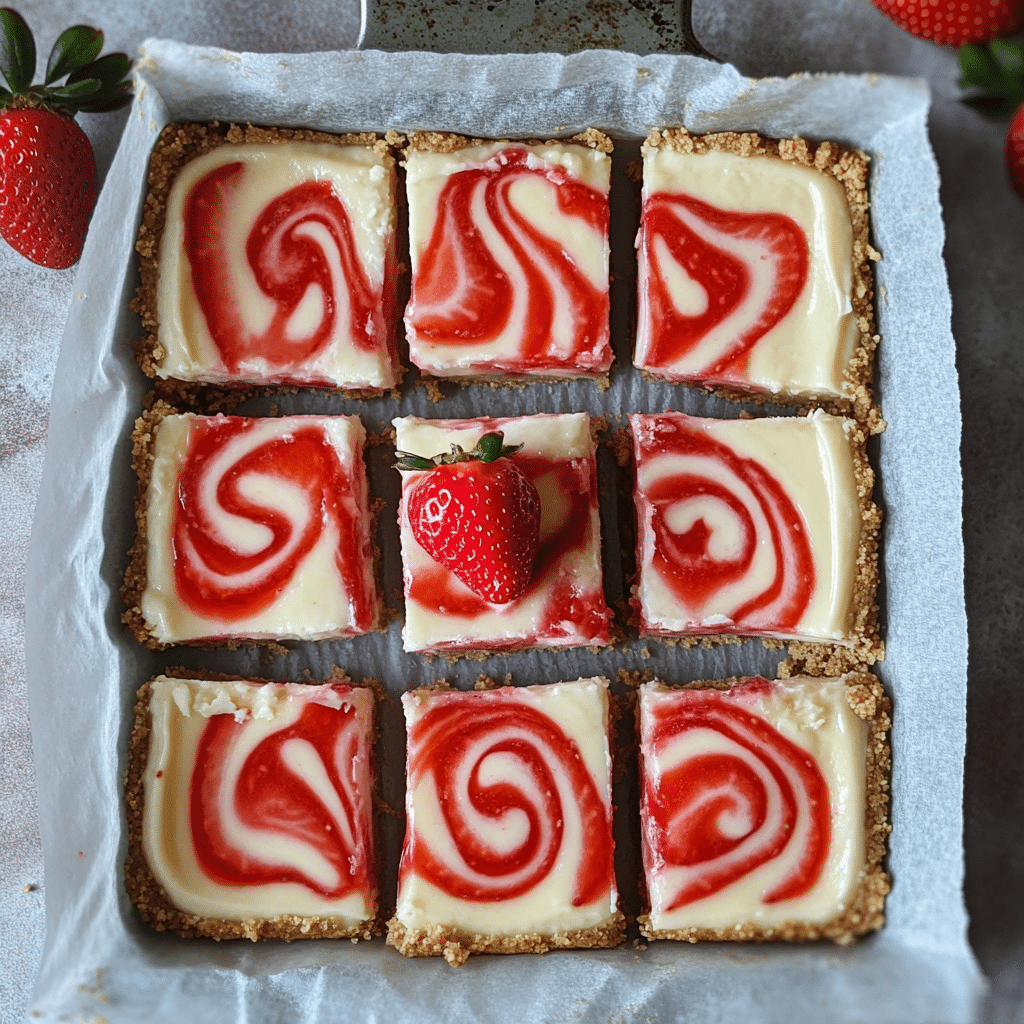 Strawberry cheesecake bars with graham cracker crust and strawberry swirl cut into squares