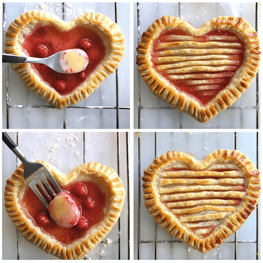 Four-panel collage showing cutting hearts, filling, sealing with fork, and baked hand pies cooling