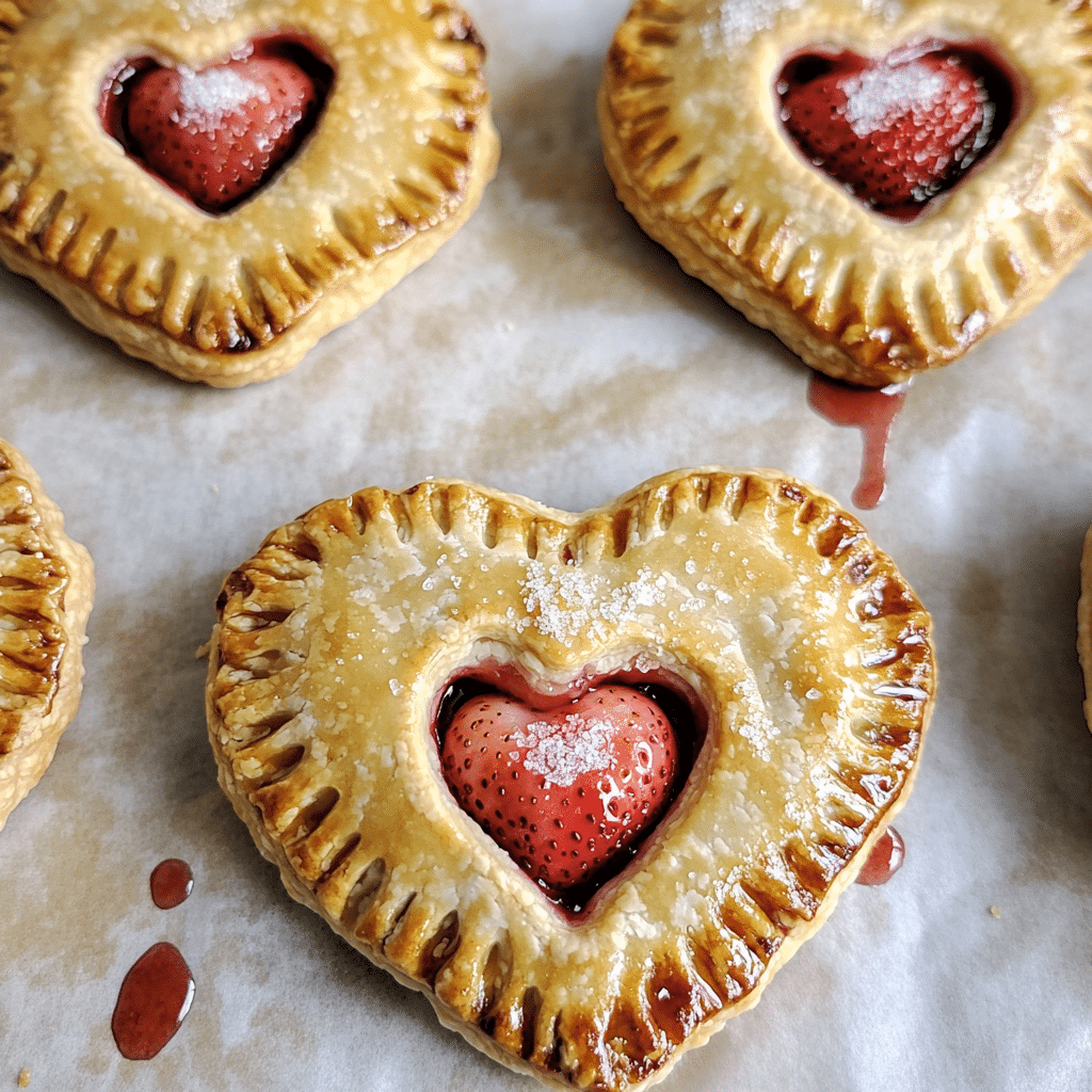 Heart-shaped strawberry hand pies with flaky crust and sparkling sugar