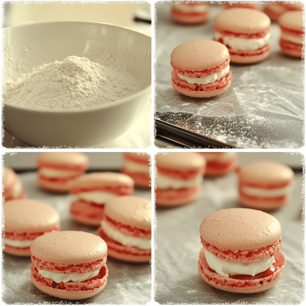 Four-panel collage showing sifting dry ingredients, whipping meringue, piping batter, and filling baked macaron shells with strawberry buttercream