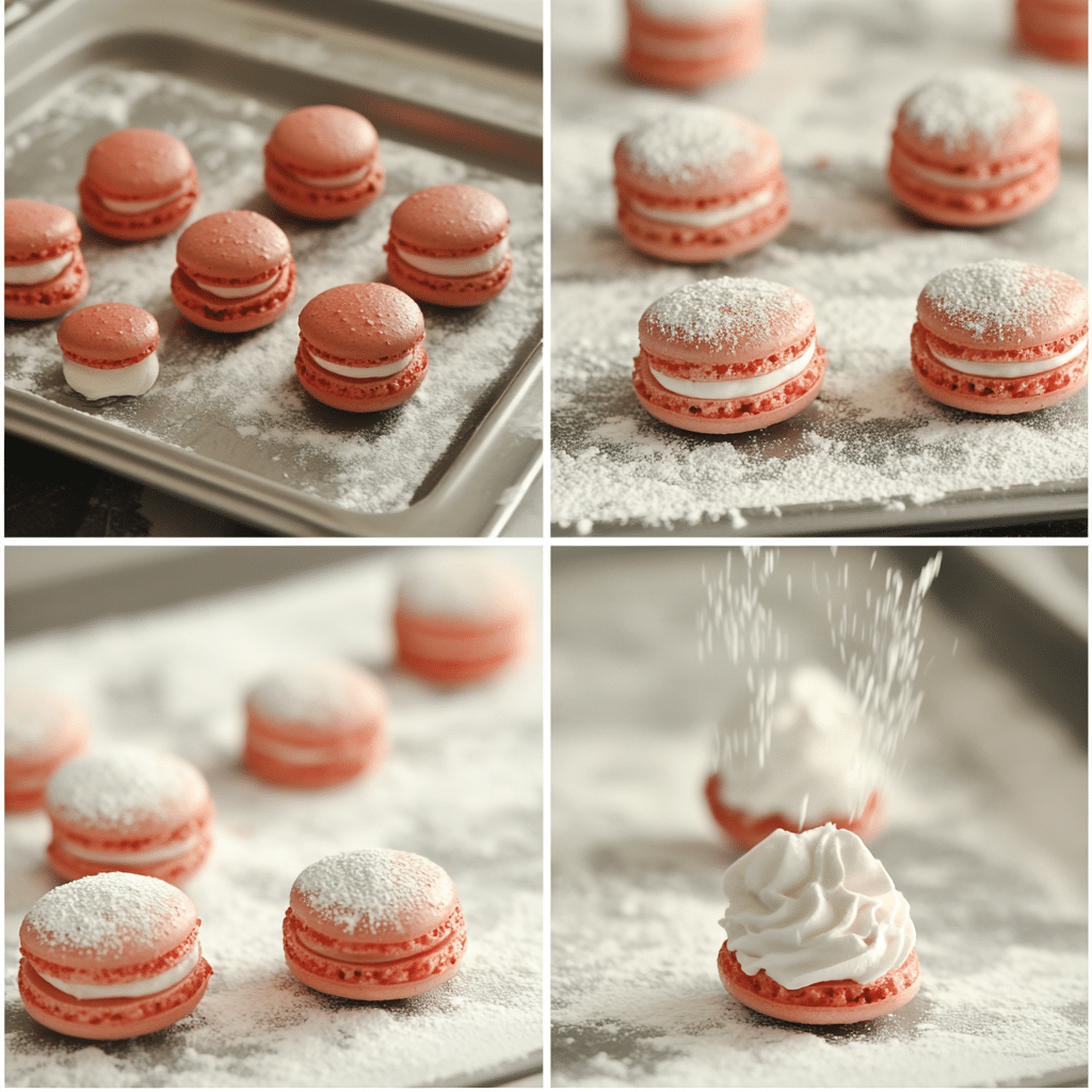 Four-panel collage showing sifting, whipping meringue, piping shells, and filling macarons
