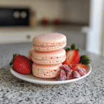 Strawberry macarons with pink shells and strawberry buttercream filling stacked on a plate