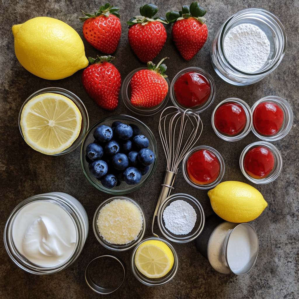Ingredients for mini strawberry shortcake cups including strawberries, cake, heavy cream, sugar, and lemon