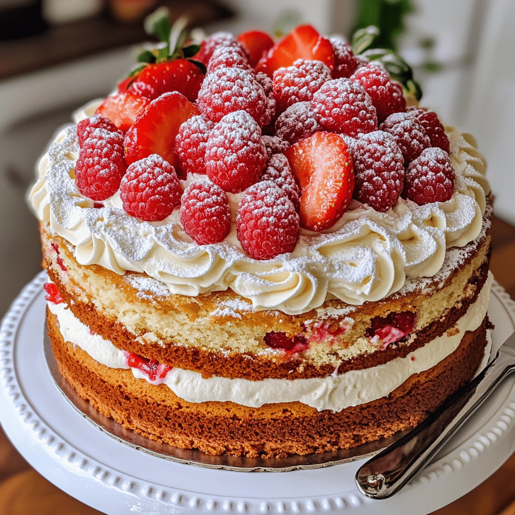 Strawberry shortcake layer cake topped with whipped cream and fresh berries.