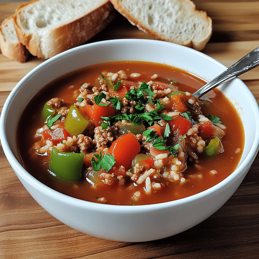 White bowl of stuffed pepper soup with bell peppers, tomatoes, rice, and parsley.