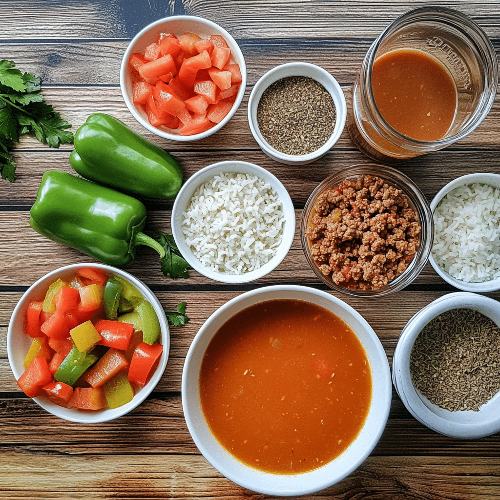 Overhead view of ground meat, bell peppers, tomatoes, rice, broth, and spices on a wooden counter.