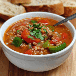 White bowl of stuffed pepper soup with bell peppers, tomatoes, rice, and parsley.