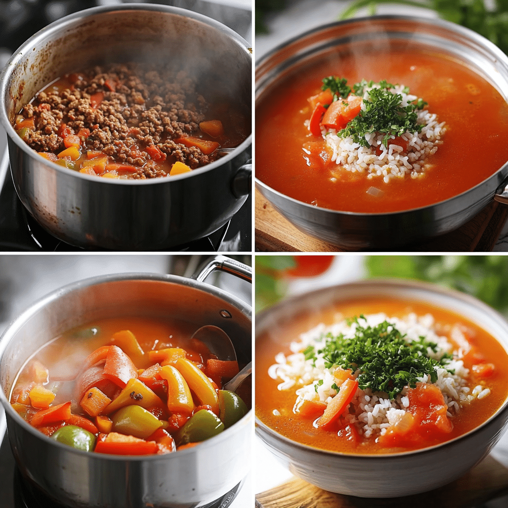 Four-photo collage showing browning meat, adding peppers and tomatoes, simmering with rice, and serving soup.