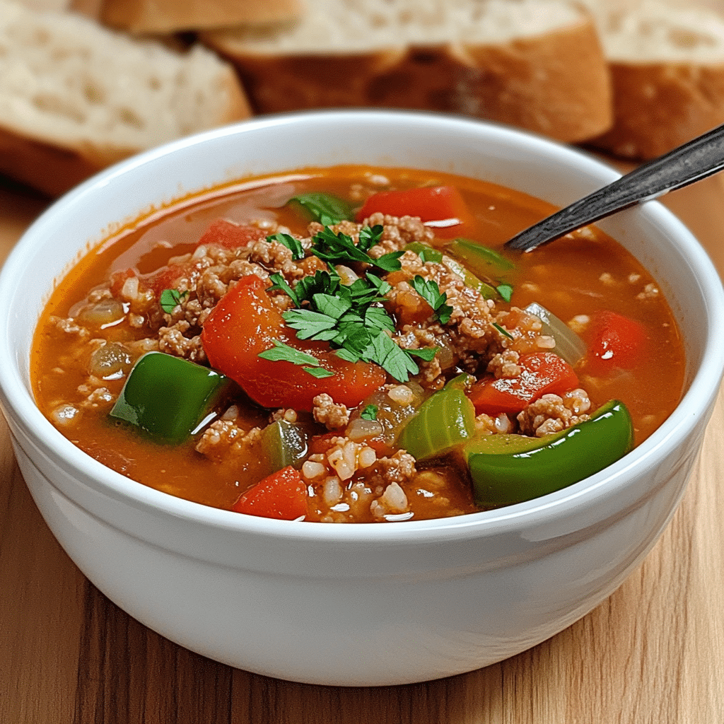 White bowl of stuffed pepper soup with bell peppers, tomatoes, rice, and parsley.