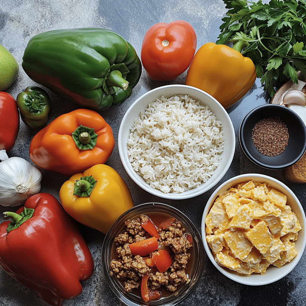 Ingredients for stuffed peppers including bell peppers, ground beef, rice, tomato sauce, and cheese.