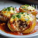 Baked stuffed peppers with ground beef, rice, tomato sauce, and melted cheese.