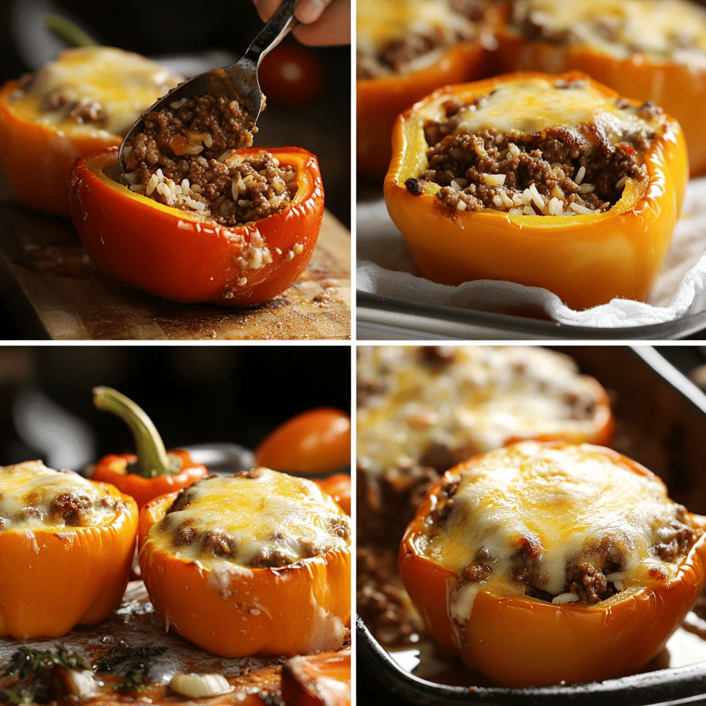 Collage showing cutting peppers, cooking filling, stuffing peppers, and baked stuffed peppers with cheese.