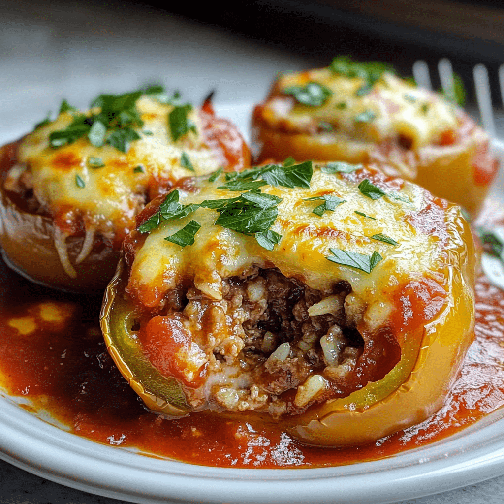 Baked stuffed peppers with ground beef, rice, tomato sauce, and melted cheese.