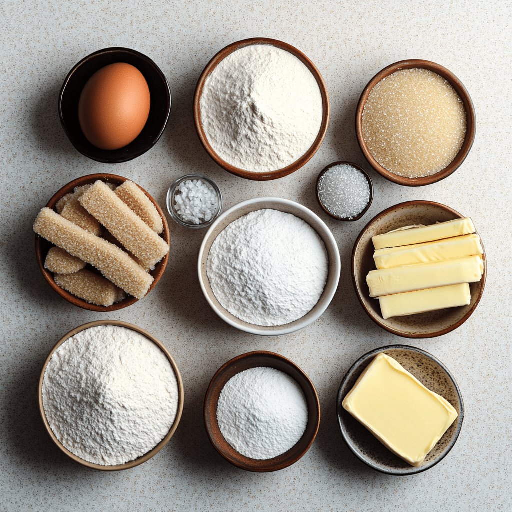 bowls of flour, sugar, butter, egg, vanilla, and baking powder for sugar cookies