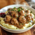 Bowl of Swedish meatballs in creamy brown gravy served over mashed potatoes with parsley and lingonberry jam.