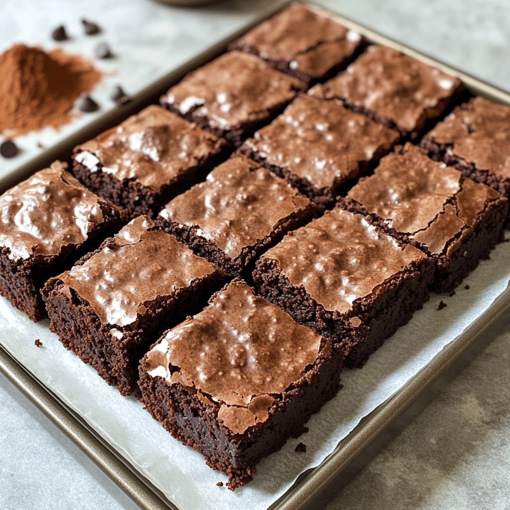 thick fudgy brownies cut into squares with shiny crackly tops