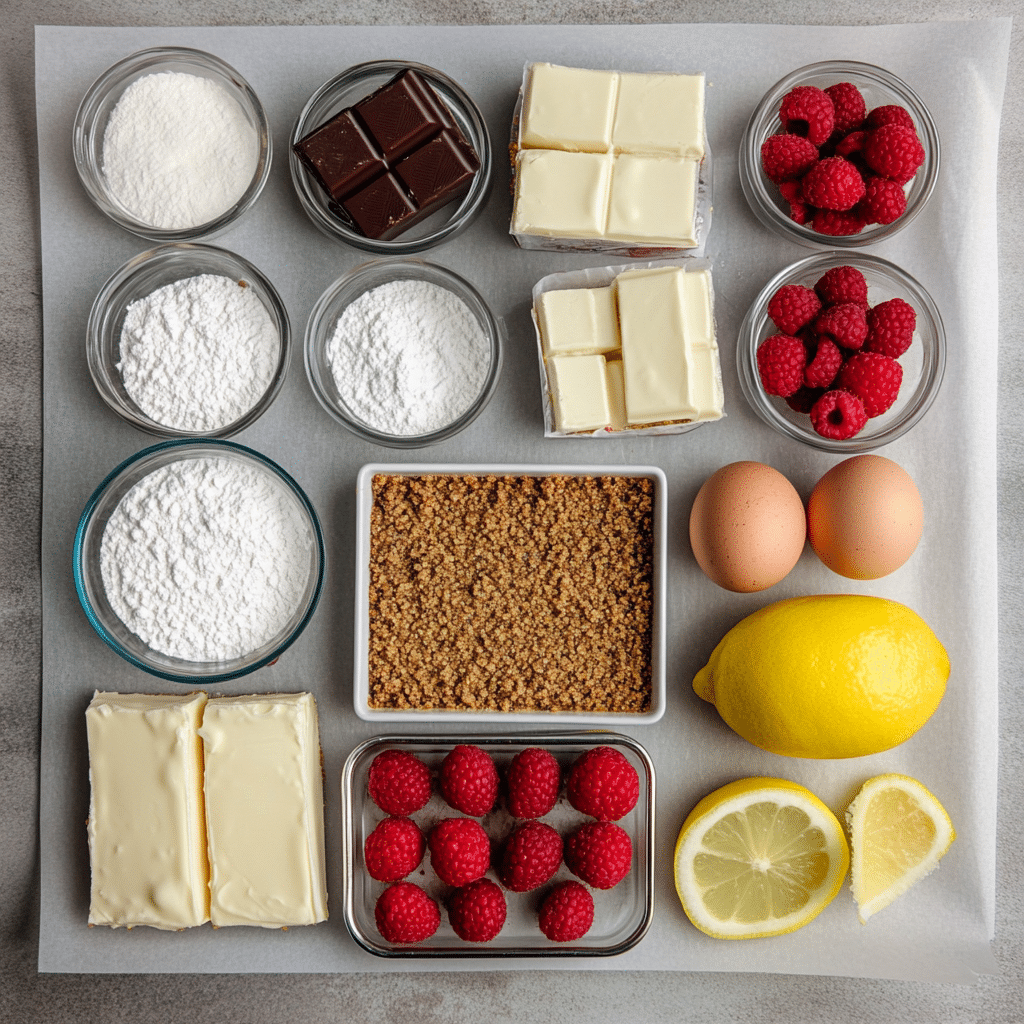 Ingredients for white chocolate raspberry cheesecake bars including cream cheese, raspberries, and white chocolate.