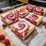 White chocolate raspberry cheesecake bars with raspberry swirl and graham cracker crust.