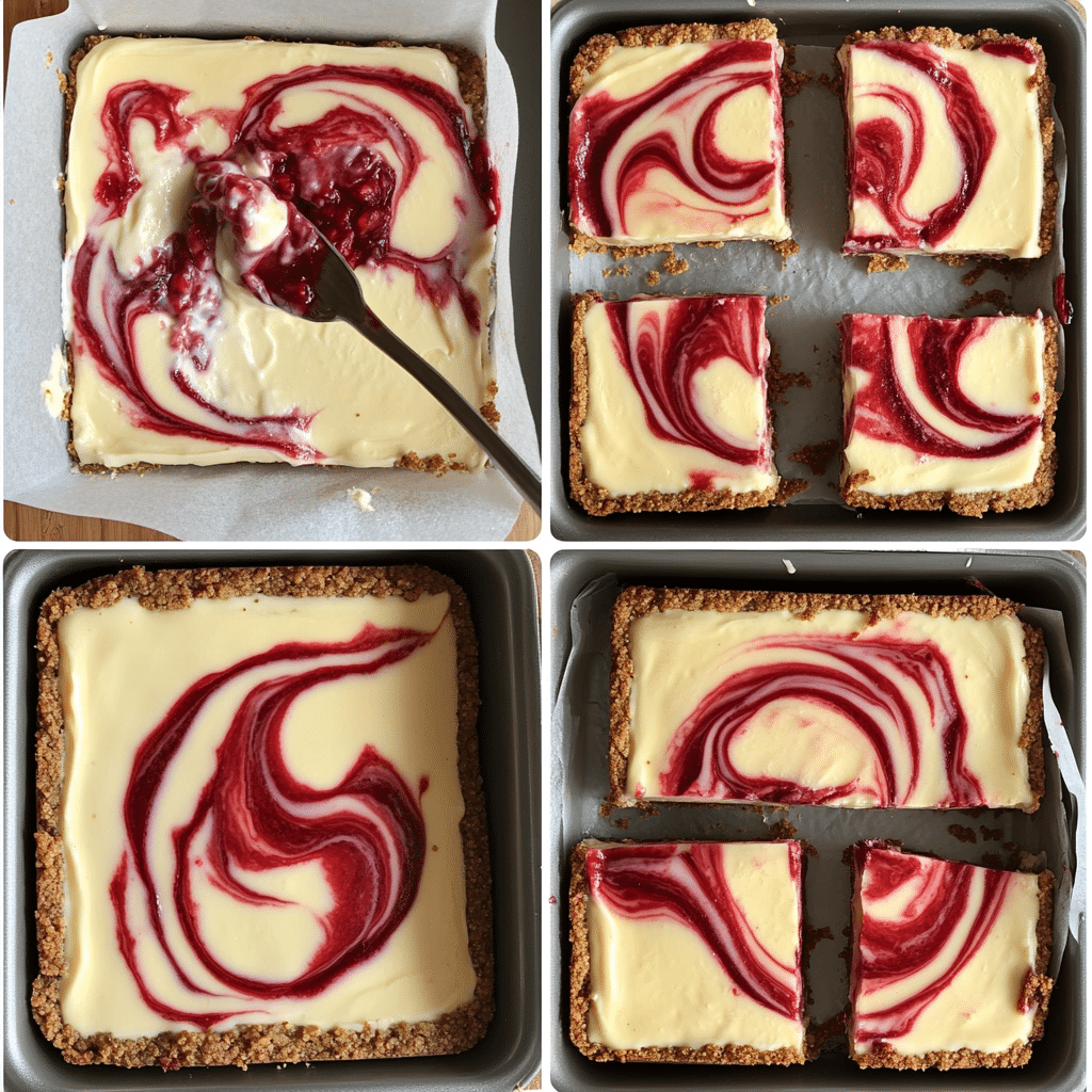 Four panel collage showing crust pressing, mixing cheesecake filling, swirling raspberry, and sliced bars.