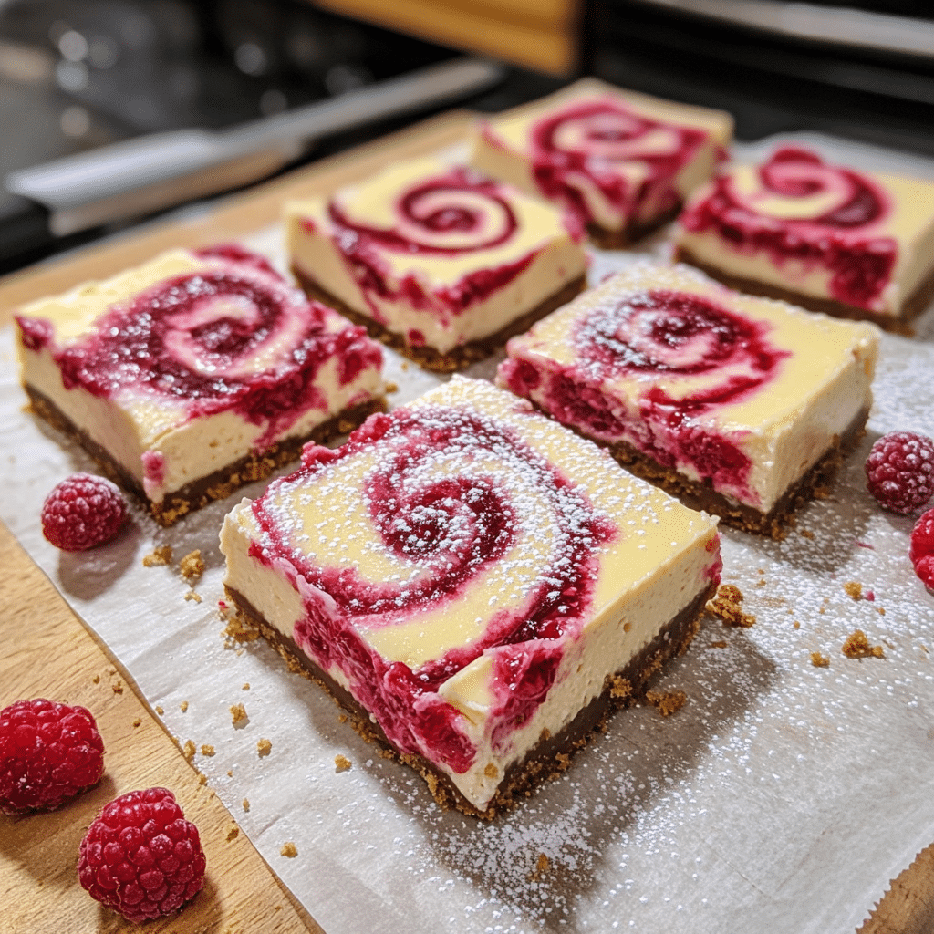White chocolate raspberry cheesecake bars with raspberry swirl and graham cracker crust.