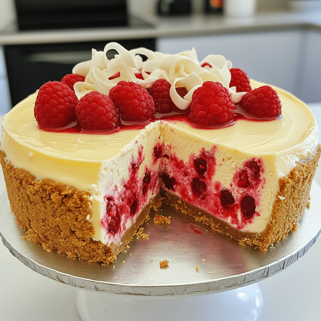 White chocolate raspberry cheesecake with raspberry swirls, white chocolate curls, and fresh raspberries on top