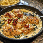 Creamy Tuscan garlic chicken in a skillet with spinach, sun-dried tomatoes, and a creamy Parmesan sauce.