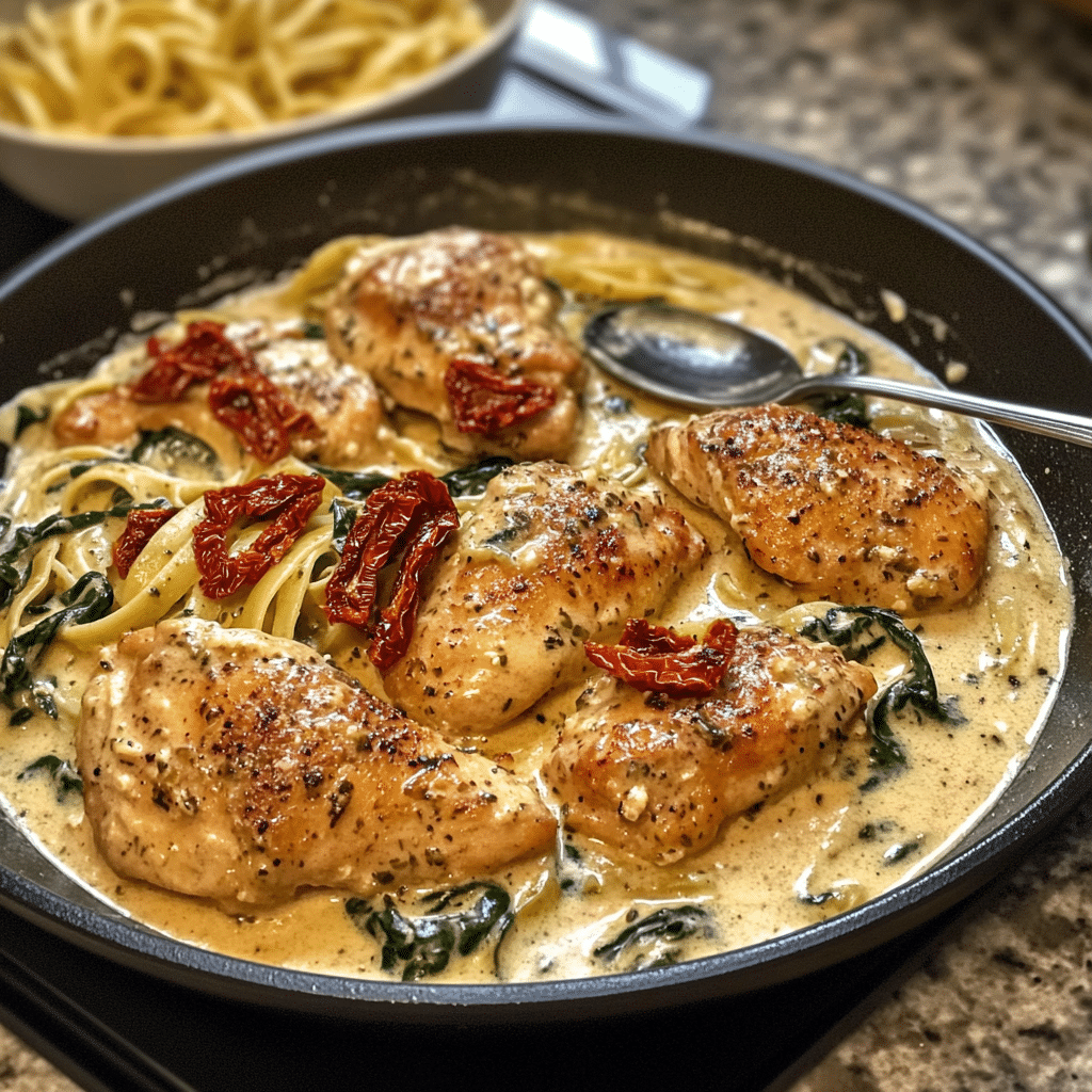 Creamy Tuscan garlic chicken in a skillet with spinach, sun-dried tomatoes, and a creamy Parmesan sauce.