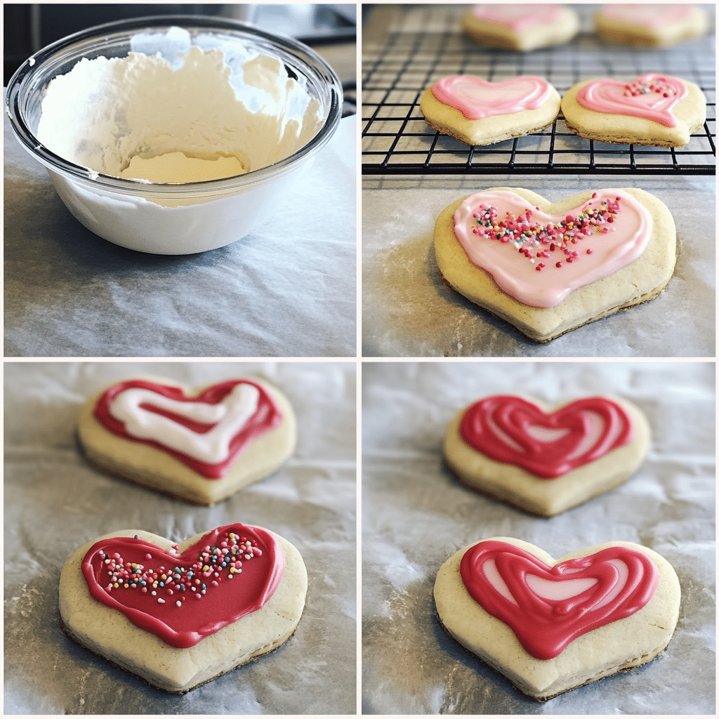 Four-panel collage showing mixing dough, cutting hearts, cooling baked cookies, and decorating with pink icing and sprinkles