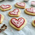 Overhead view of heart-shaped sugar cookies decorated with pink and red icing and sprinkles on parchment paper