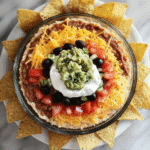 Overhead glass dish of 7 layer dip with visible layers and toppings