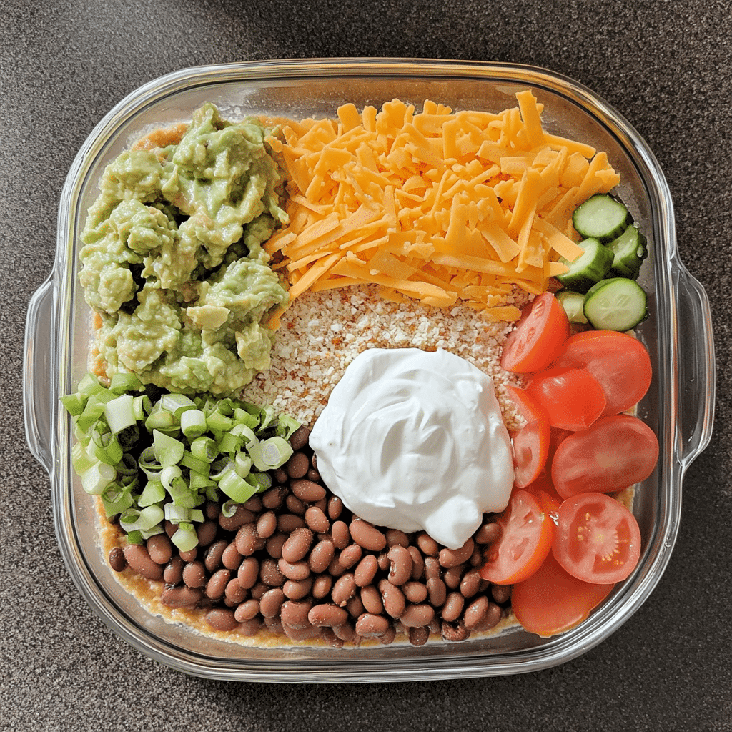 Overhead ingredients for 7 layer dip including refried beans, sour cream with seasoning, guacamole, salsa, cheese, tomatoes, olives, and green onions