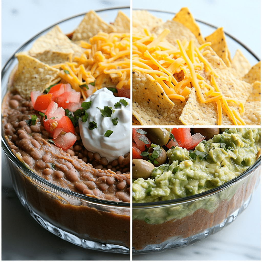 Four-panel collage showing bean layer, seasoned sour cream layer, guacamole and salsa layers, and toppings with chips ready to serve