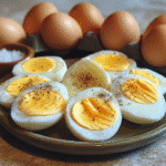 Air fryer hard boiled eggs peeled and sliced on a plate with salt and pepper