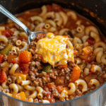 Close-up of american goulash with macaroni and beef in a tomato sauce, topped with cheese