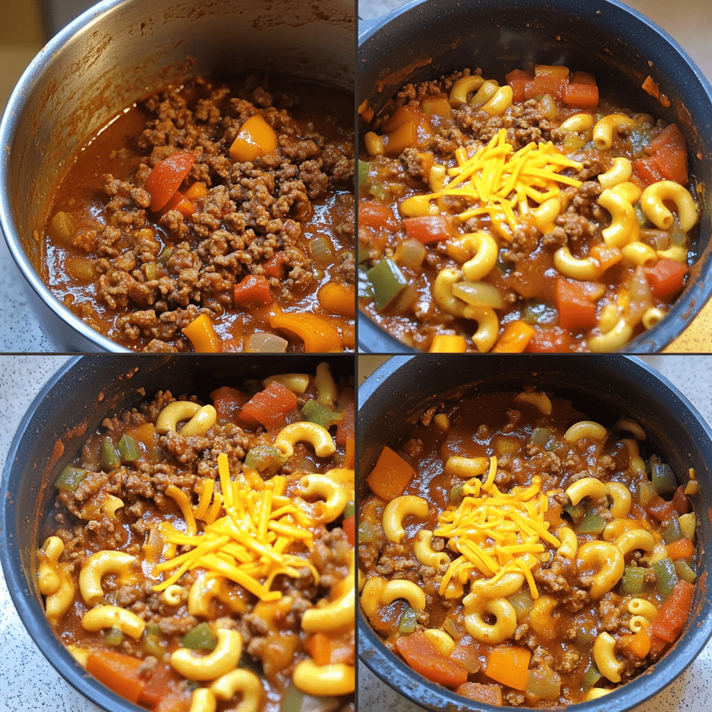 Four-panel collage showing browning beef and vegetables, simmering sauce, cooking macaroni, and topping with cheddar