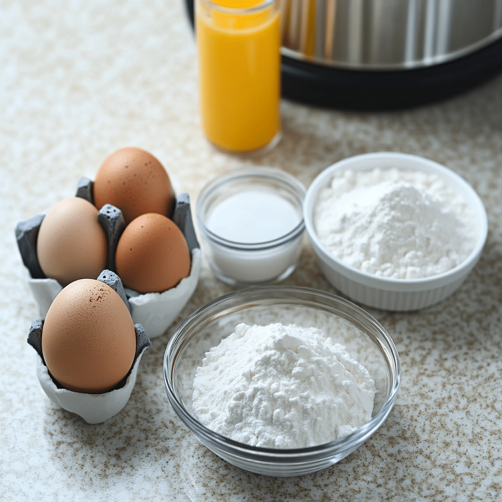 Bowls of egg whites, sugar, cake flour, vanilla, and a tube pan for angel food cake