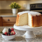 Angel food cake slice showing airy white crumb with powdered sugar and berries