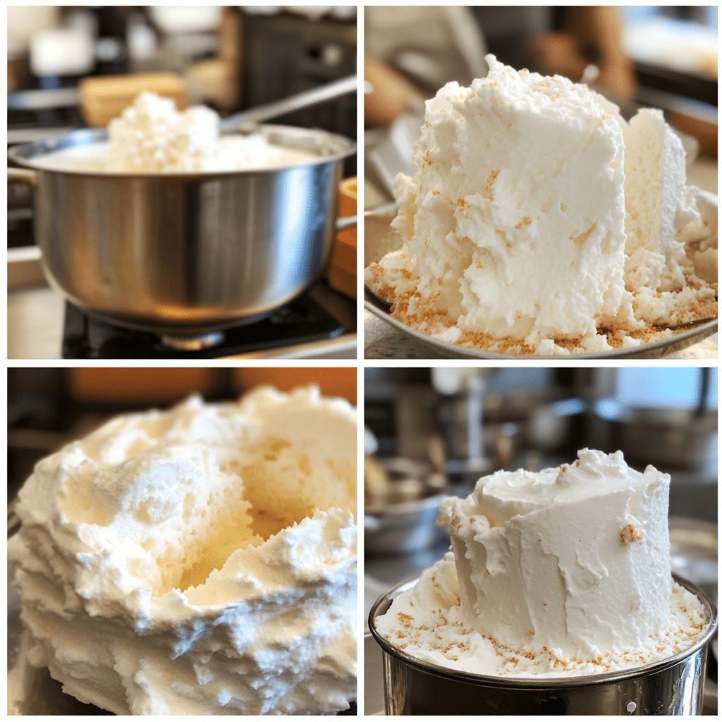Four-panel collage of whipping egg whites, folding batter, filling tube pan, and cooling angel food cake upside down