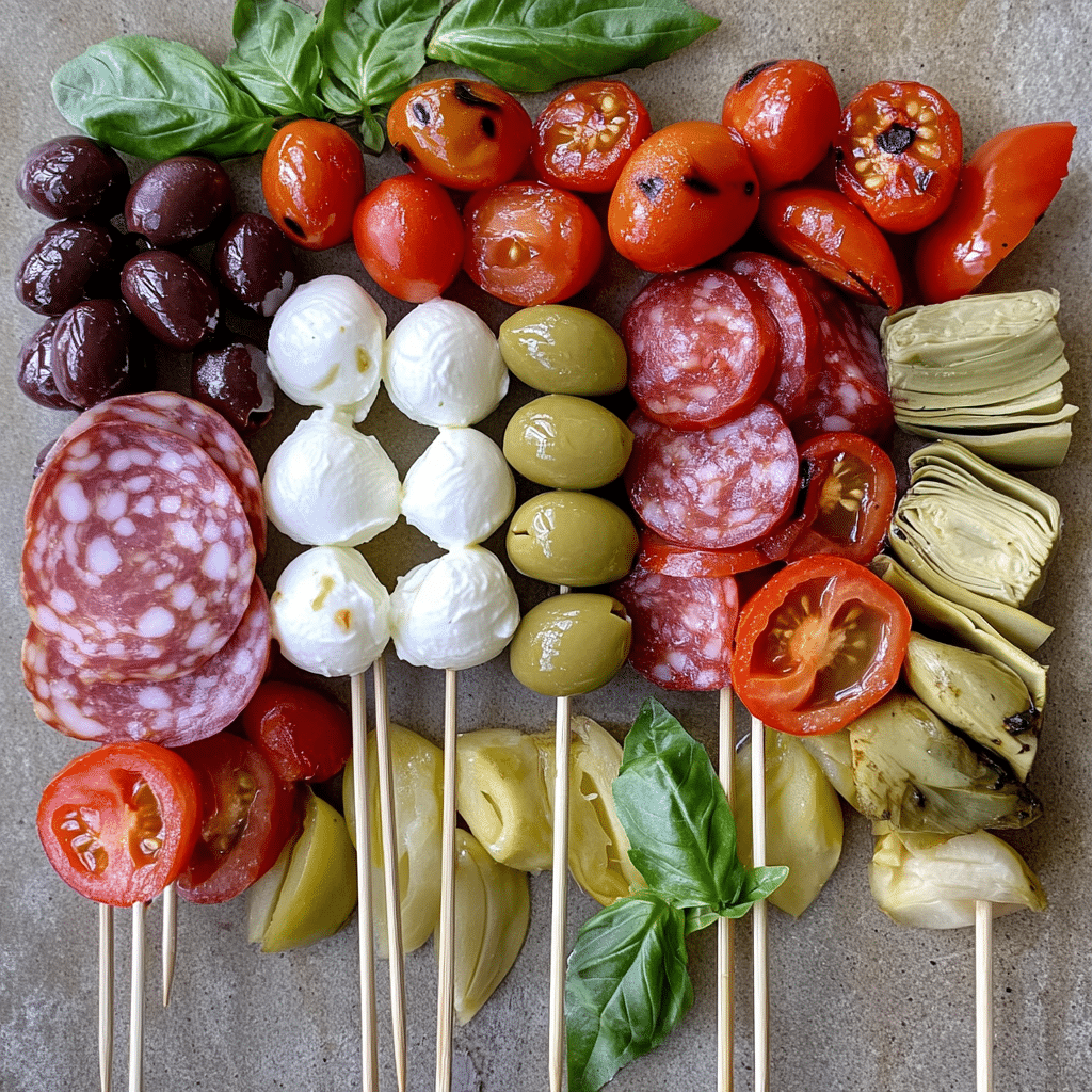 Ingredients for antipasto skewers including salami mozzarella tomatoes olives artichokes and basil