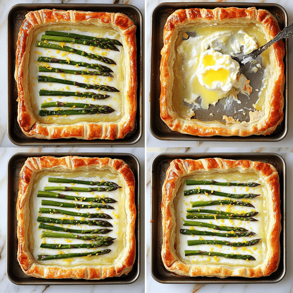 Four-panel collage showing puff pastry scored, filling spread, asparagus arranged, and baked tart sliced
